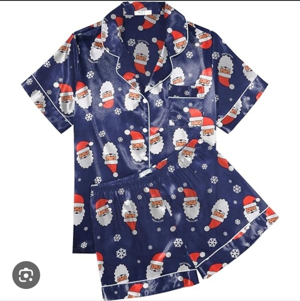 NWOT Ekouaer Navy Blue Santa Claus Print Satin Pajama Set Blouse & Shorts Sz S